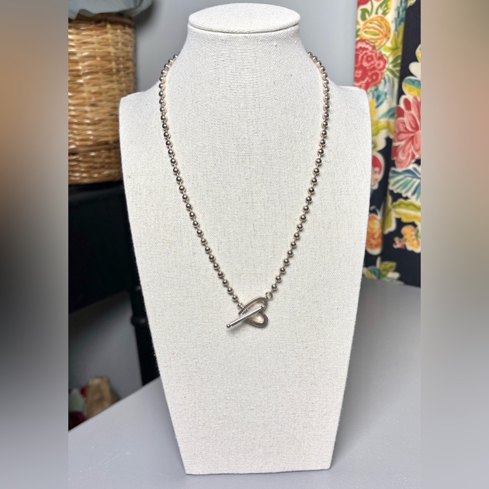 Ball Bead Chain Open Heart T-Bar Toggle Clasp Boule Silver Necklace Stamped - Picture 4 of 8